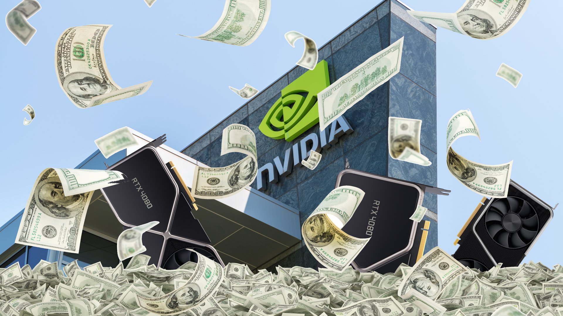 En mycket subtil bild av pengar som faller framför Nvidia HQ när GPU:er kommer ut