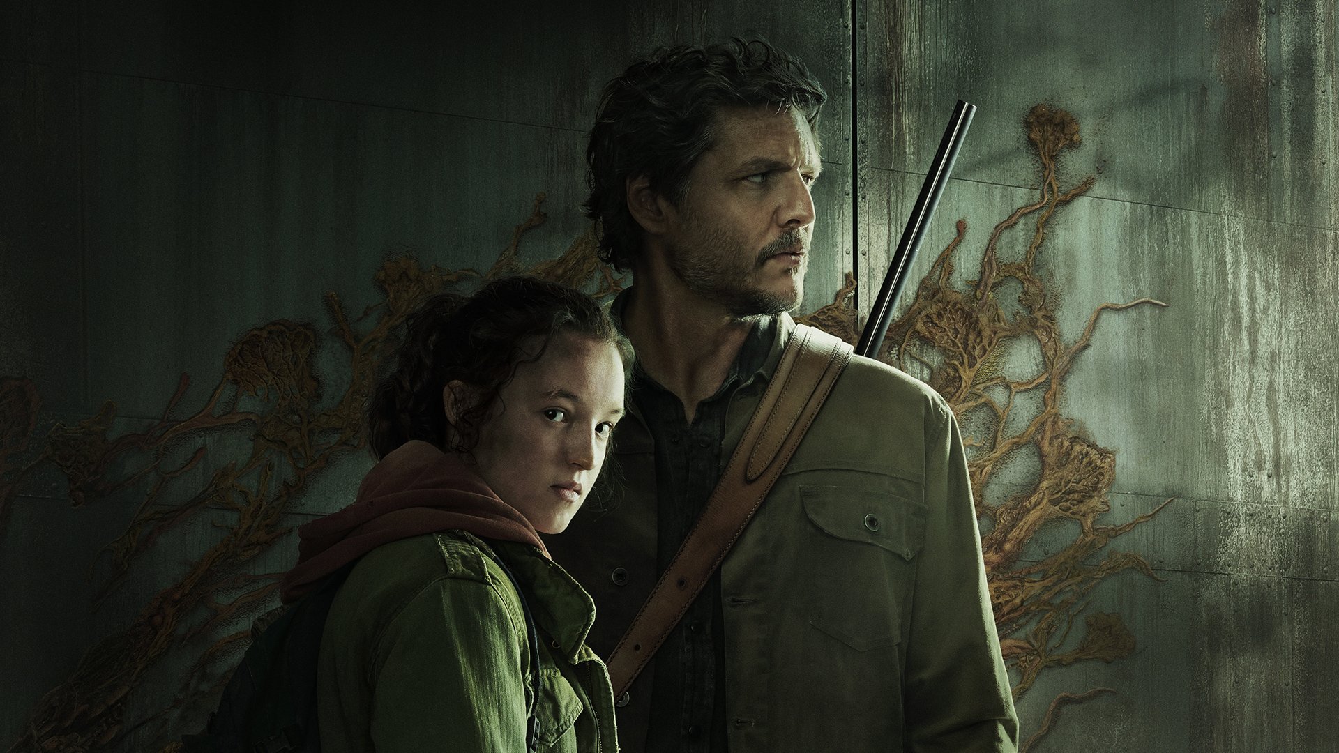 A promotional image of Ellis as Bella Ramsey and Joel as Pedro Pascal in The Last of Us