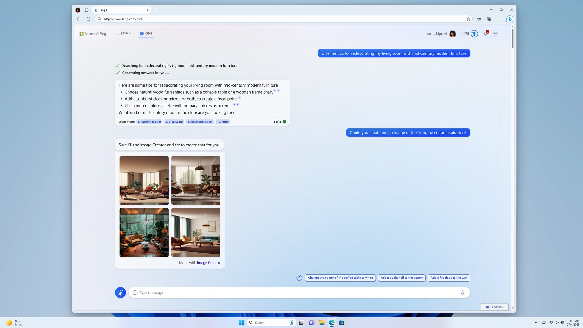 Un record di chat di Bing che mostra un utente che richiede di creare un'immagine di una stanza per l'ispirazione