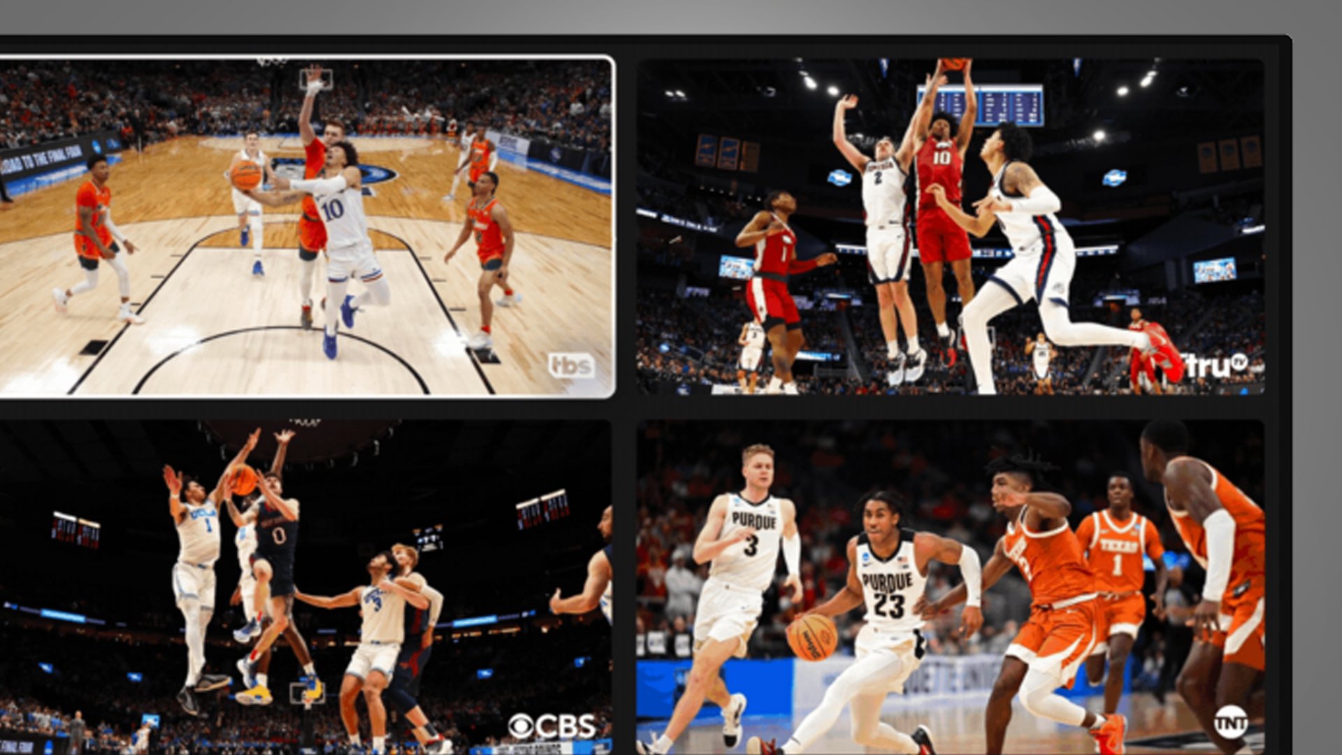 A television screen on a gray background showing YouTube TV multi-view during basketball