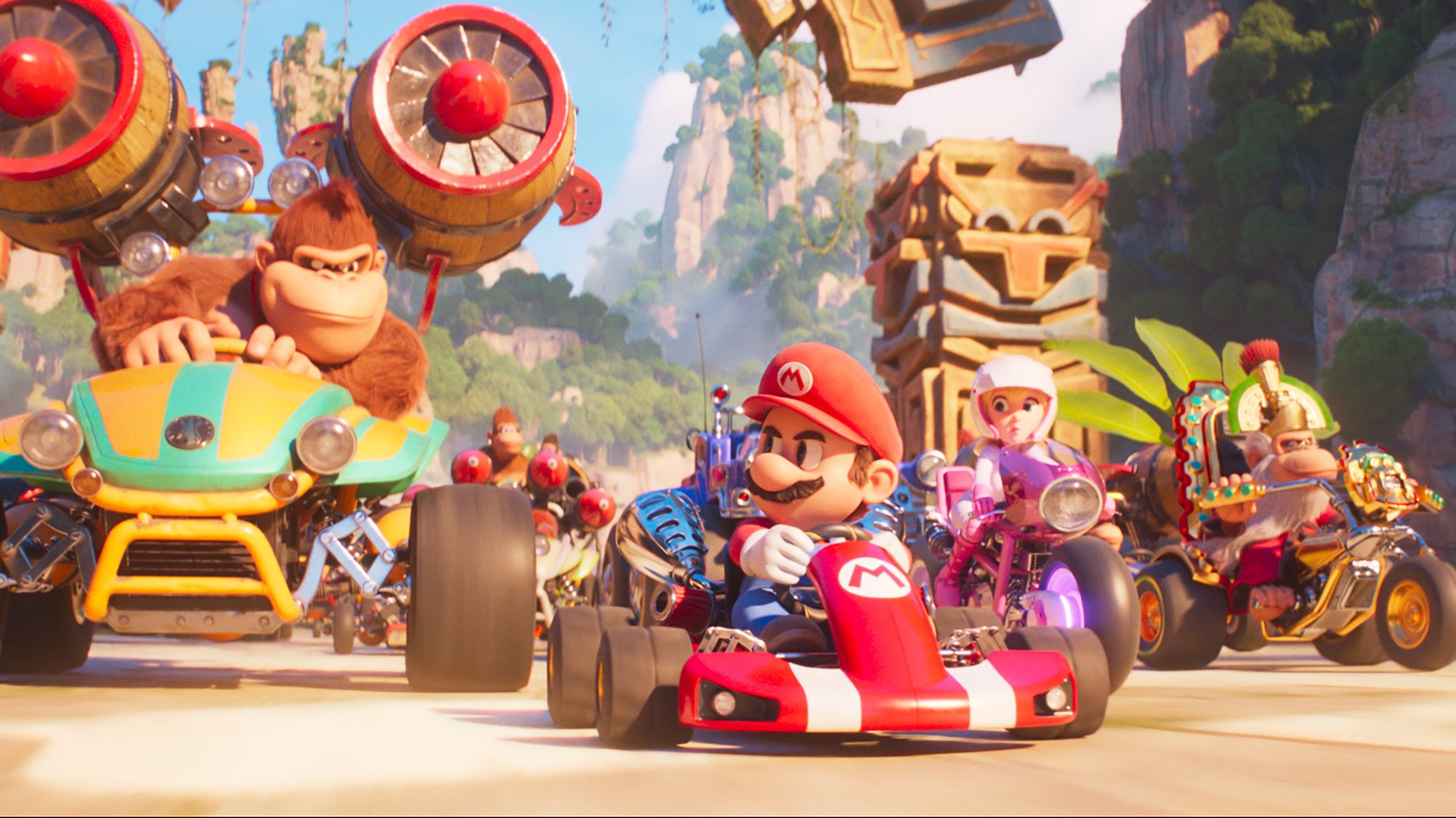 Mario, Peach, Donkey Kong, Toad e Kranky Kong guidano i loro kart nel film Super Mario Bros.