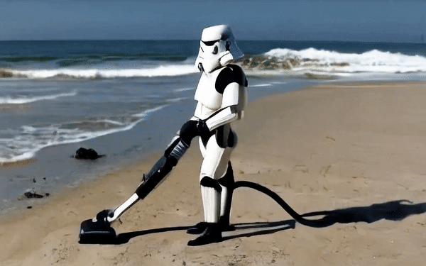 Una gif di uno stormtrooper che passa l'aspirapolvere su una spiaggia